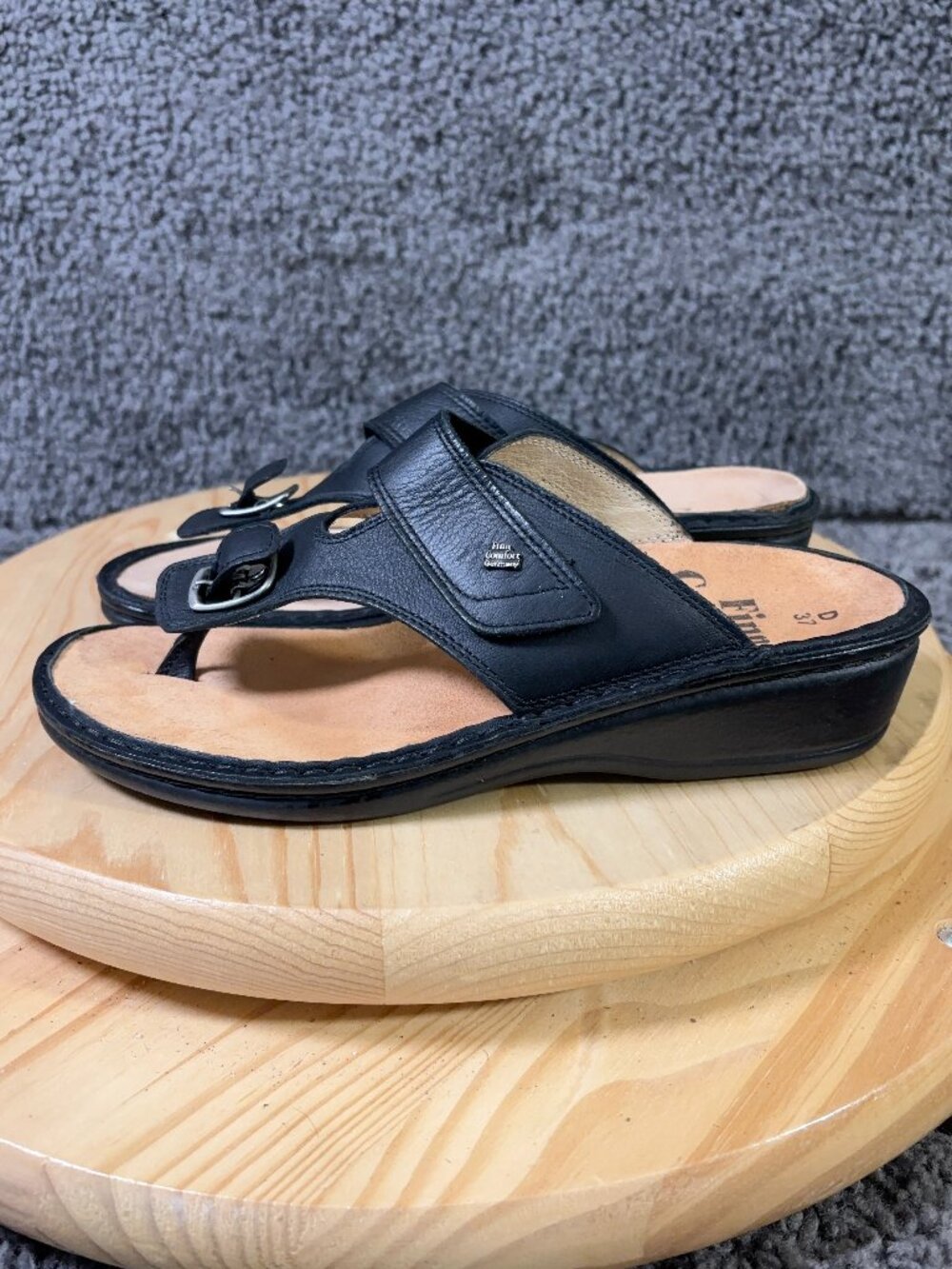 Finn Comfort Phuket Sandals Womens Size 7 Black Leather Thong Slip On Wedge Shoe